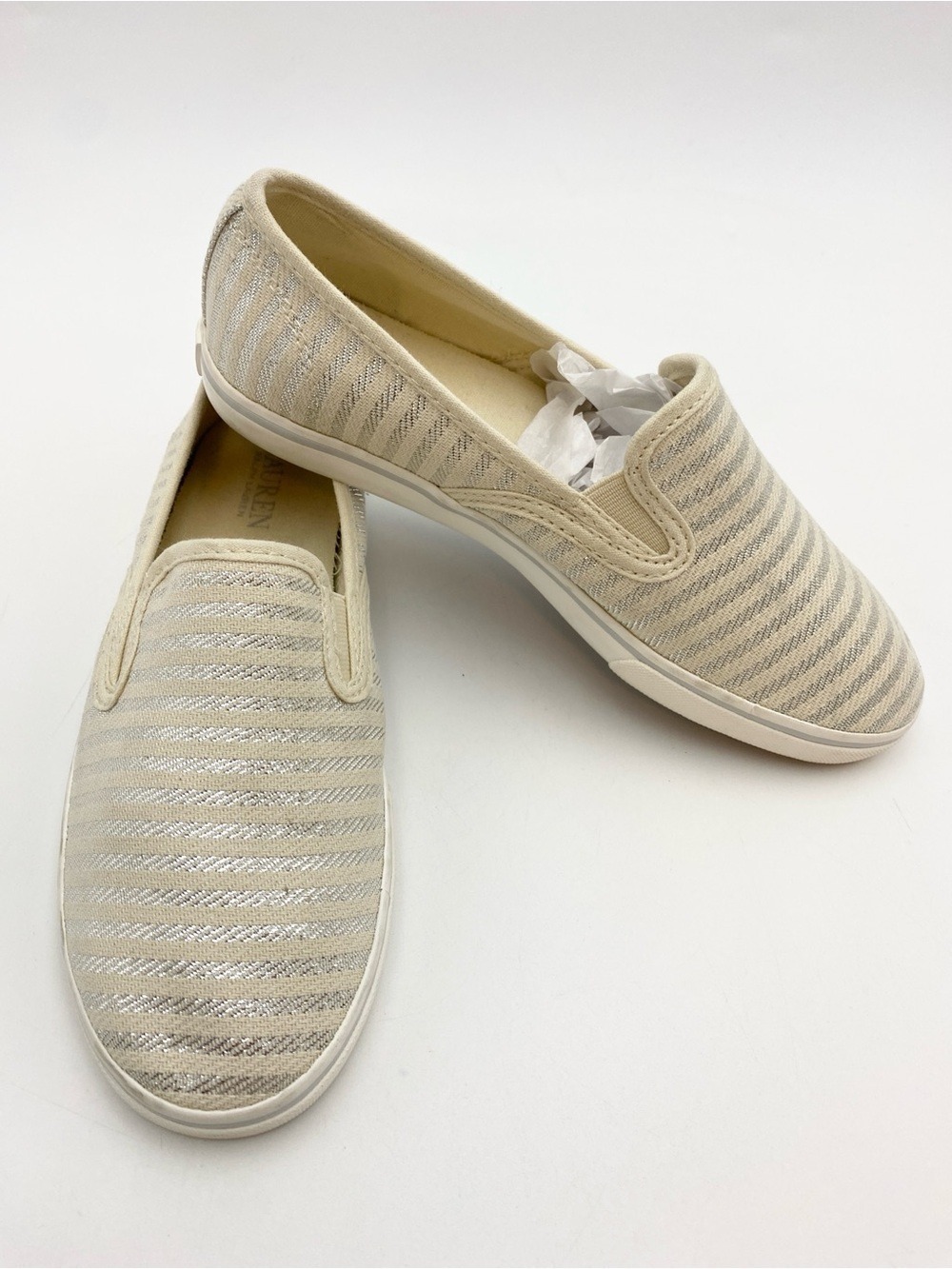 Lauren Ralph Lauren Silver/Beige Striped JANIS Canvas Slip on Shoes Flats Sz 7